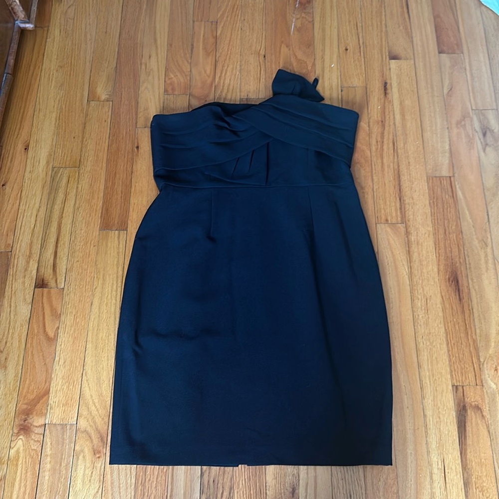 Black mini strapless dress crisscross front detail